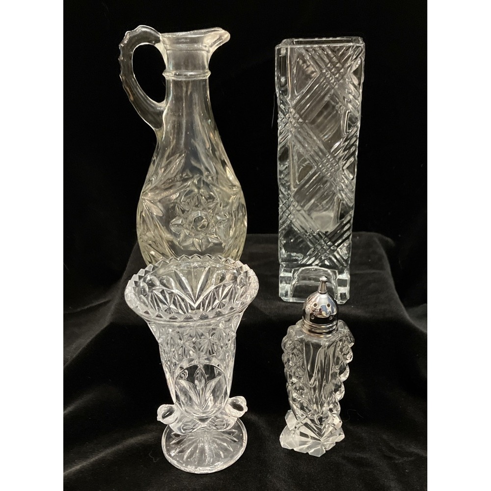 Lot Of Four 4 Pieces Crystal Bud Vase, Shaker, Toothpick Holder, Cruet (no lid)